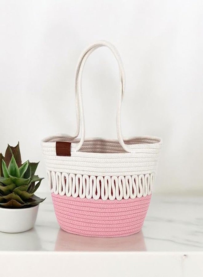 ROYAL TREND Women Stylish Pure Cotton Boho Fancy Handmade Handbags Tote Basket Bag Shoulder Purse For Ladies Girls College Office Shopping Travel Gift For Sister Pink White, 13.3" H x 16.5" L - Image 5